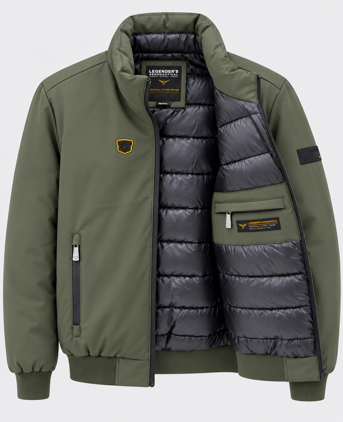 Blouson LEGENDER'S AVENUE kaki ouvert, détail de la doublure intérieure