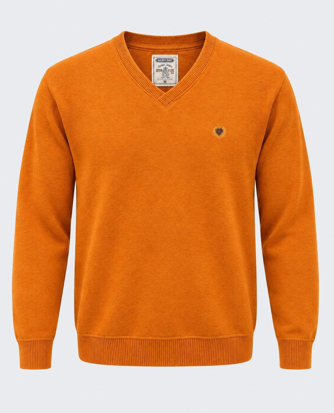 Pull col V homme orange à écusson MAXWAY — vue de face