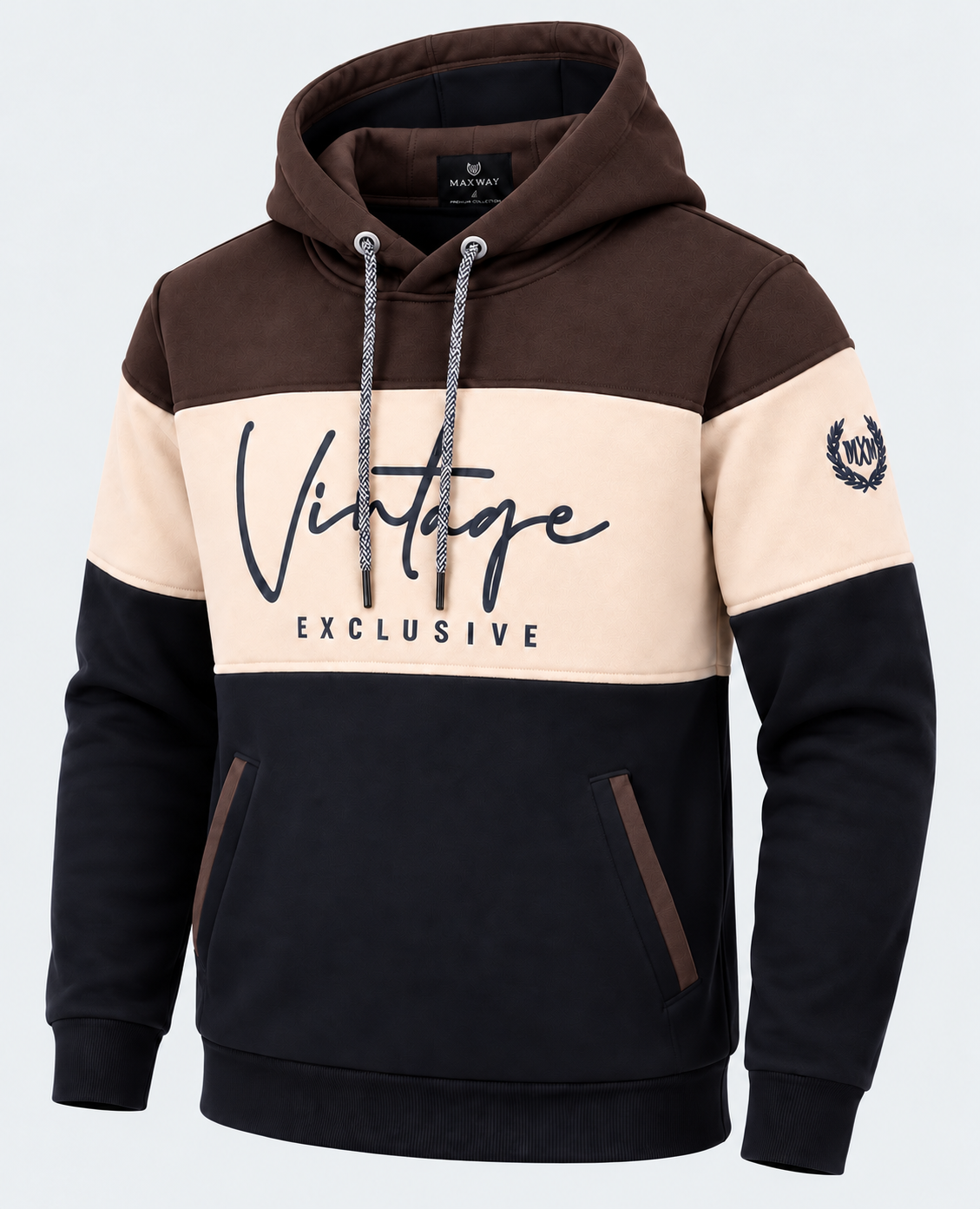 Sweat homme chocolat, beige et marine MAXWAY Vintage — vue de trois quarts