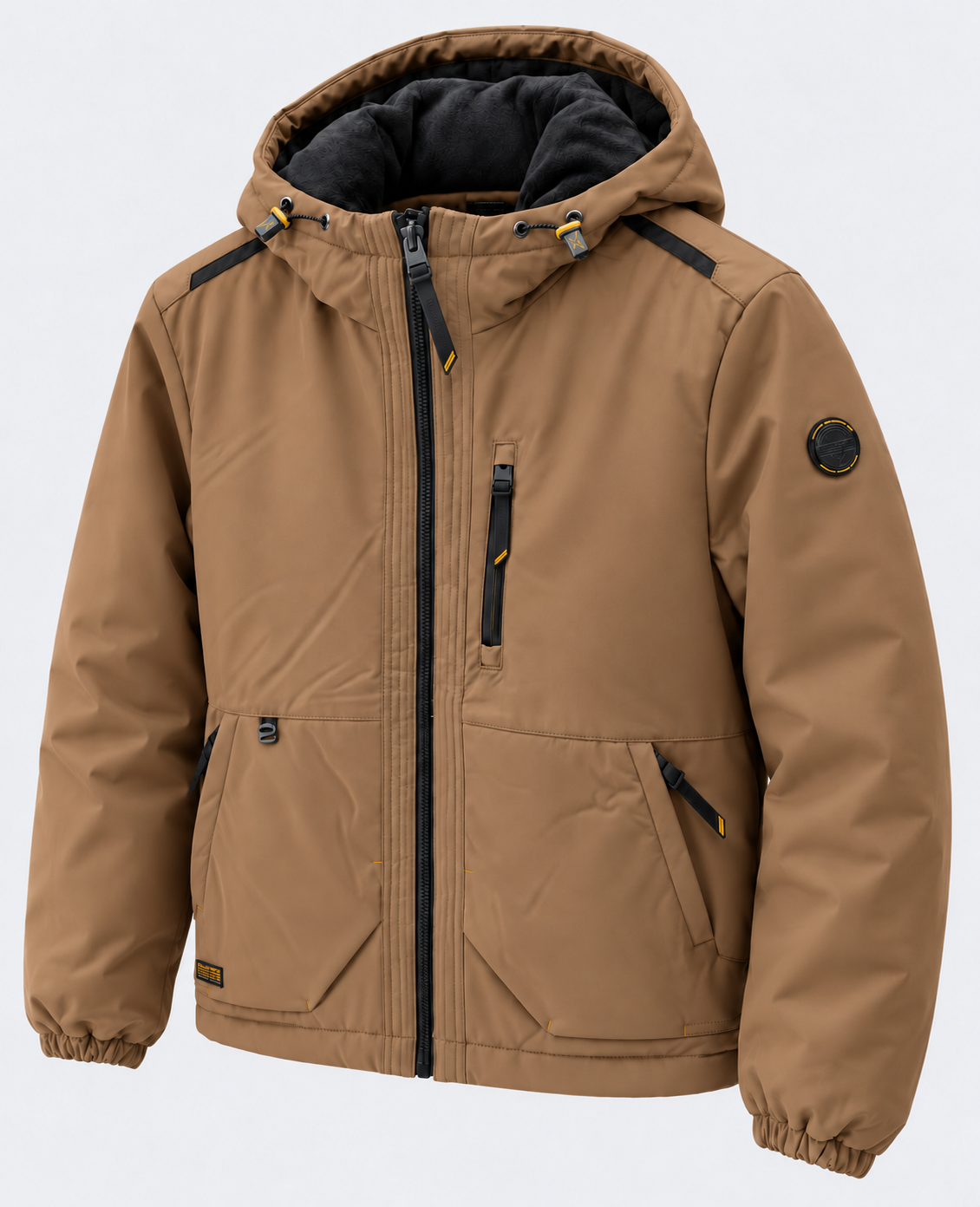Veste LEGENDER'S AROMA camel à capuche, vue de trois quarts