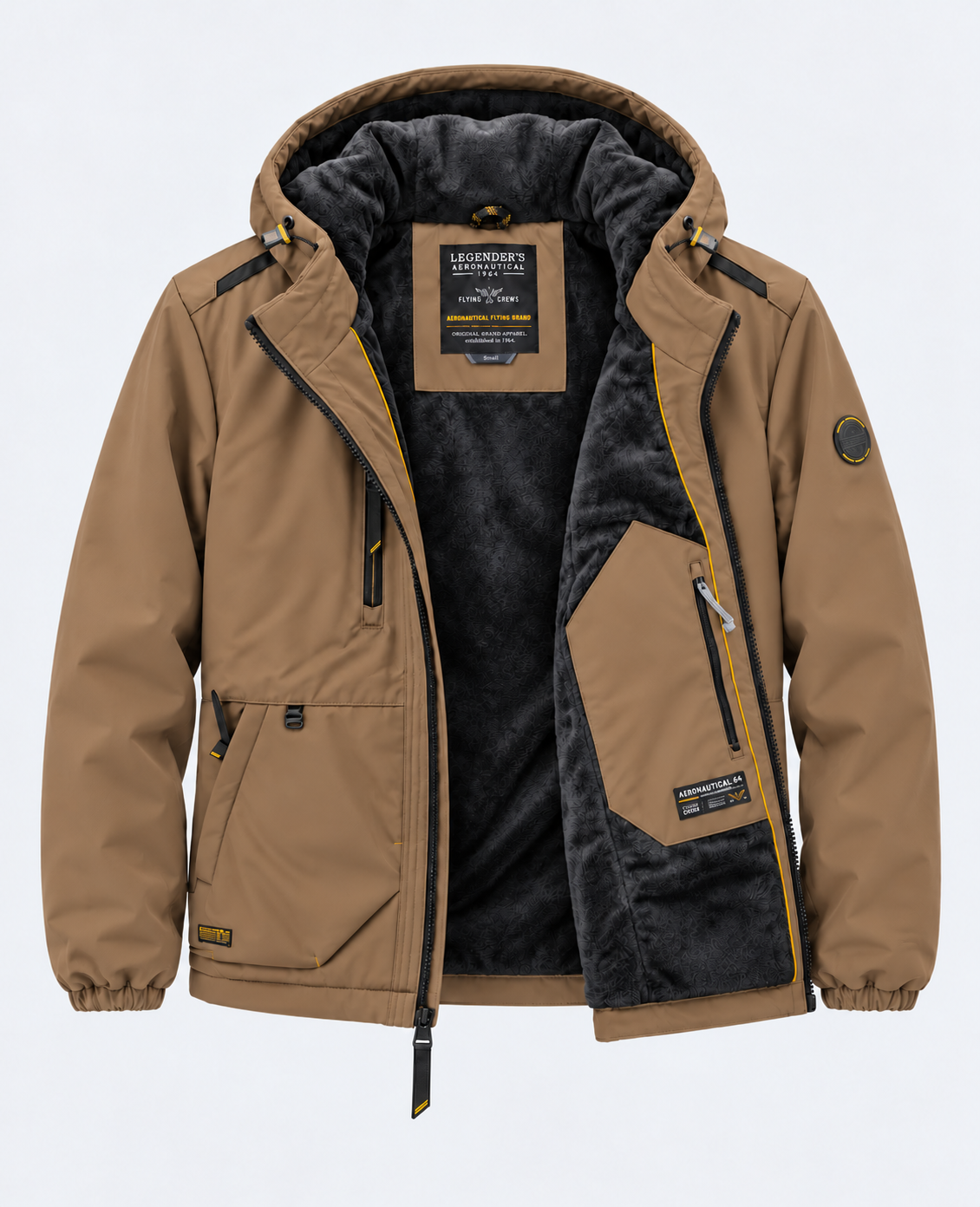 Veste LEGENDER'S AROMA camel ouverte, détail de la doublure matelassée