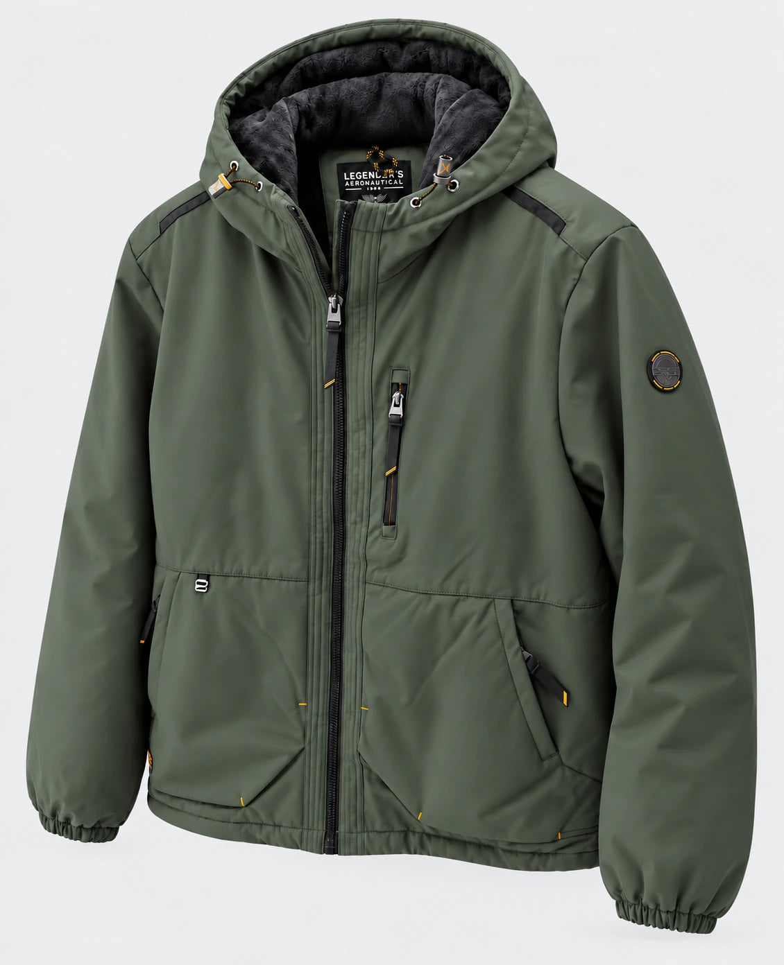 Veste LEGENDER'S AROMA kaki à capuche, vue de trois quarts