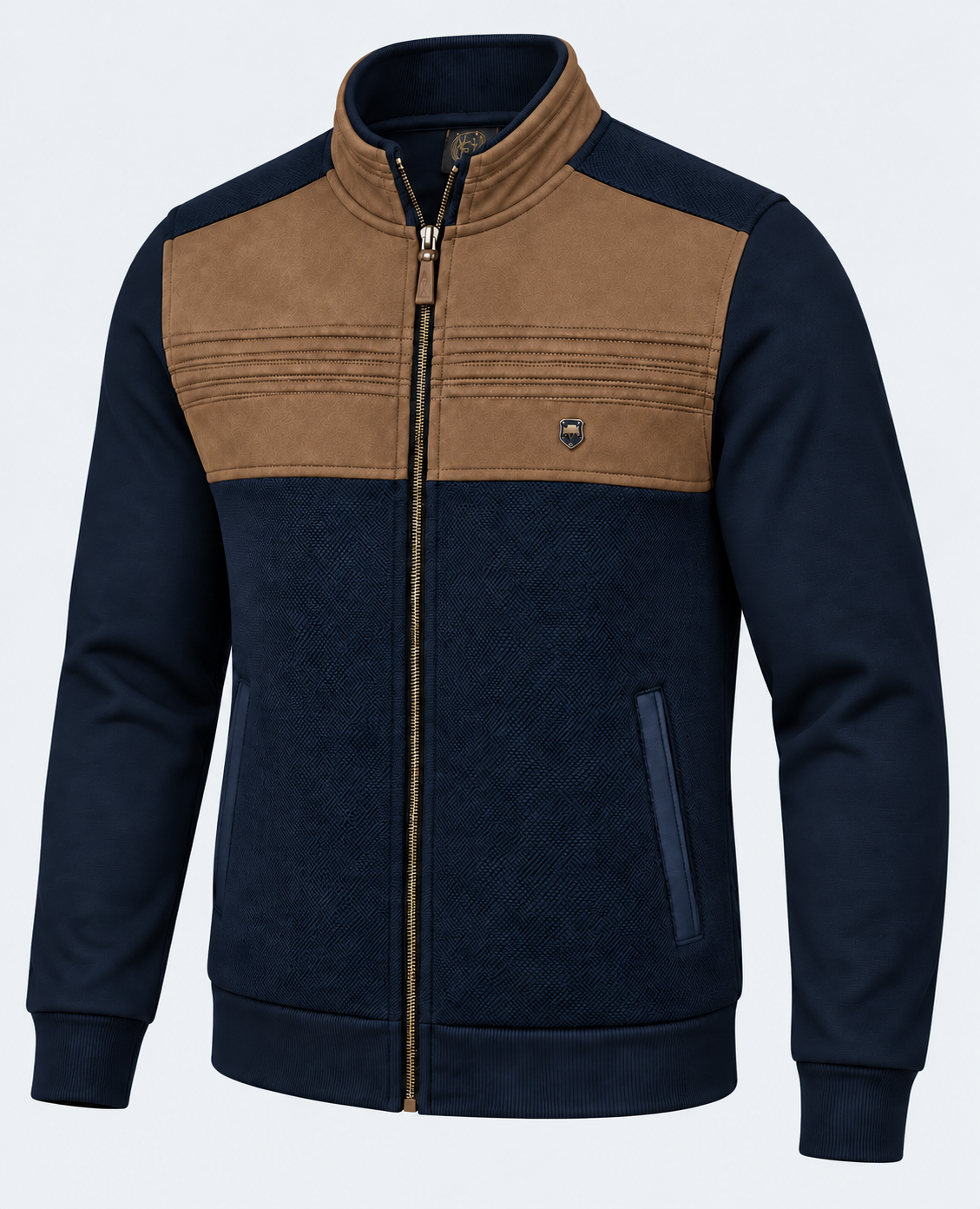 Veste zippée homme camel et marine MAXWAY — vue de trois quarts