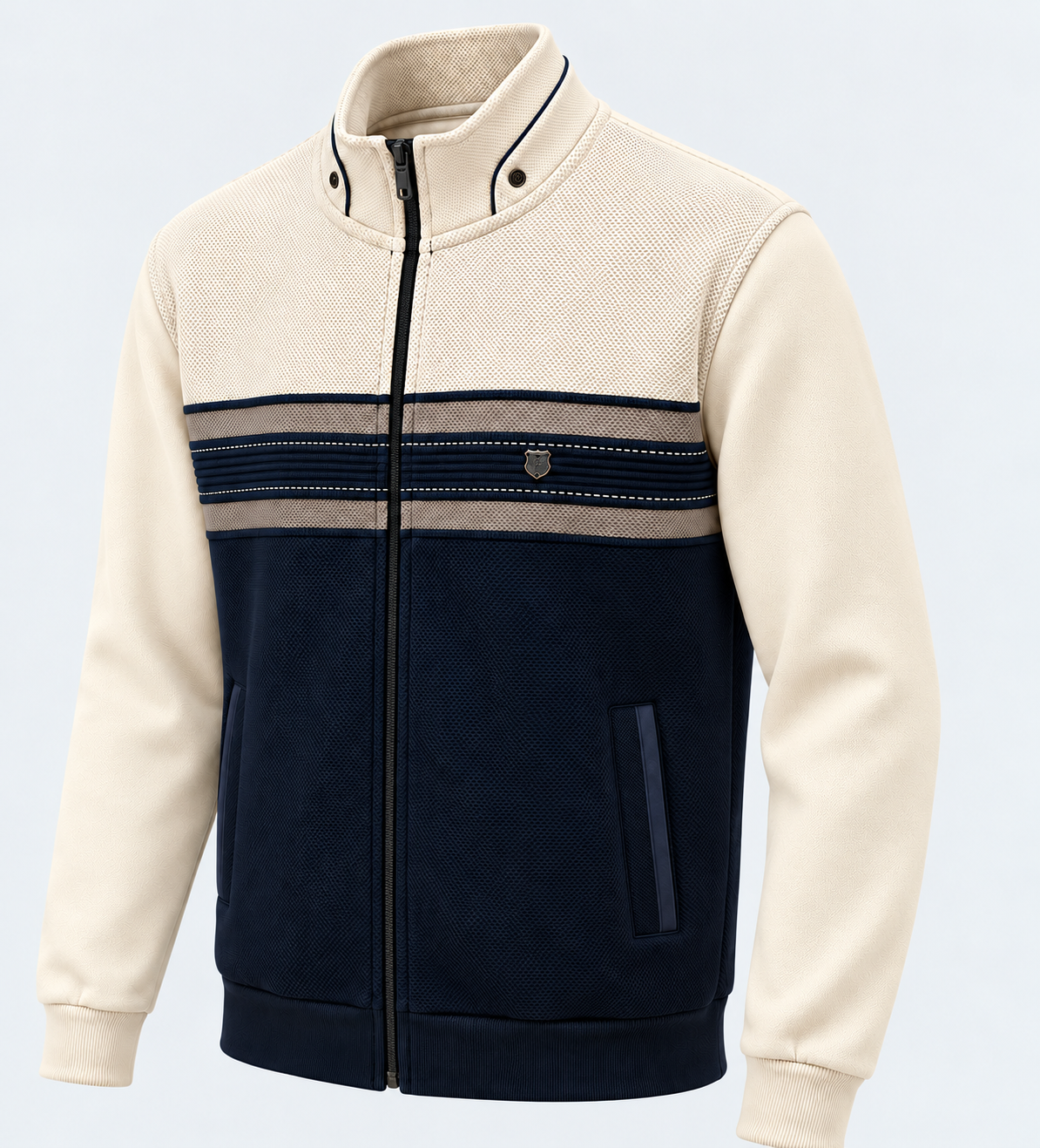 Veste zippée homme écru et marine MAXWAY — vue de trois quarts
