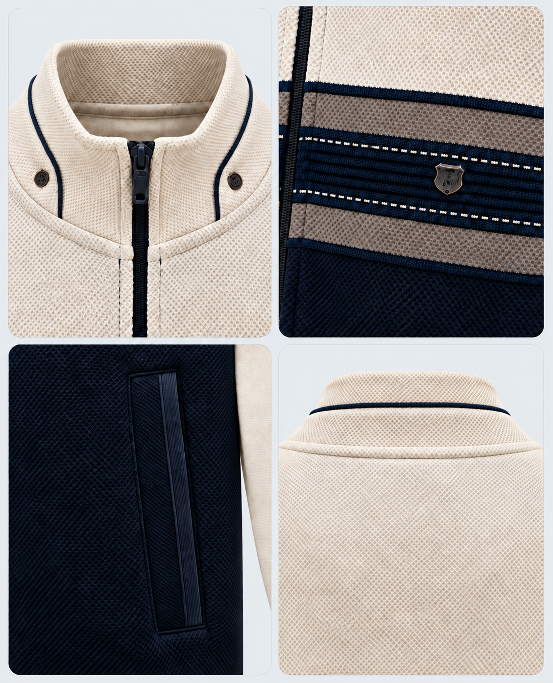 Veste zippée homme écru et marine MAXWAY — détails du col et des finitions